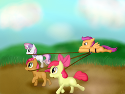 Size: 4096x3072 | Tagged: safe, artist:farondk, apple bloom, babs seed, scootaloo, sweetie belle, g4, cutie mark crusaders, scootaloo can't fly