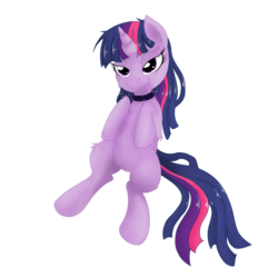 Size: 1280x1280 | Tagged: safe, artist:grumblepluck, twilight sparkle, pony, unicorn, g4, belly, belly button, collar, featureless crotch, female, lidded eyes, mare, pet play, pettwi, simple background, solo, transparent background, unicorn twilight