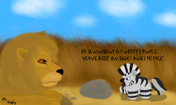 Size: 854x512 | Tagged: safe, artist:mr tiggly the wiggly walnut, zecora, big cat, fluffy pony, lion, zebra, g4, cute, herbivore vs carnivore, lisp, predator vs prey, rhyming, this will end in death, this will end in tears, this will end in tears and/or death, this will not end well, zecorable