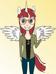 Size: 1024x1332 | Tagged: safe, artist:r-c-h, edit, oc, oc only, oc:fausticorn, human, eared humanization, glasses, horn, horned humanization, humanized, lauren faust, tailed humanization, winged humanization