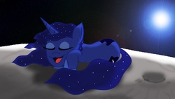 Size: 1920x1080 | Tagged: safe, artist:jawsify, princess luna, pony, g4, fanart, female, moon, prone, solo