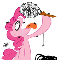 Size: 489x519 | Tagged: safe, artist:zajice, pinkie pie, earth pony, pony, spider, g4, cotton candy, drool, eating, eye scream, food, shrek, solo, spider web, tongue out
