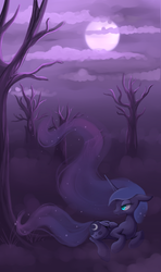 Size: 563x949 | Tagged: safe, artist:ls_skylight, princess luna, pony, g4, cloud, cloudy, female, moon, night, solo, tree