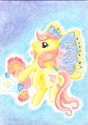 Size: 424x600 | Tagged: safe, artist:rayechu, little flitter, pony, g1, female, flower, flying, solo, summer wing ponies, traditional art