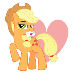 Size: 900x900 | Tagged: safe, artist:tiannangel, applejack, earth pony, pony, g4, bedroom eyes, female, heart, letter, looking at you, mare, mouth hold, raised hoof, solo, valentine