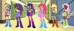 Size: 1280x545 | Tagged: safe, applejack, fluttershy, pinkie pie, rainbow dash, rarity, twilight sparkle, human, equestria girls, g4, my little pony equestria girls, clothes, dark skin, duckery in the comments, eqg promo pose set, human coloration, humanized, skirt, twoiloight spahkle