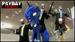 Size: 1366x768 | Tagged: safe, princess luna, alicorn, human, g4, chains (payday), clown, clown mask, dallas, floating, gmod, gun, handgun, hoxton, lollipop, money, payday, payday the heist, payday: the heist, pistol, riding, robber, silencer, submachinegun, weapon, wolf (payday)