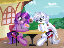 Size: 1024x766 | Tagged: safe, artist:bamboodog, oc, oc only, oc:aegis steadfast, oc:stormy sky, eating, glasses