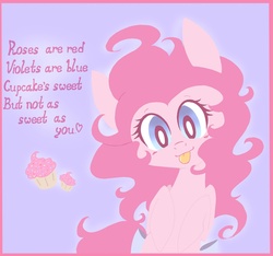 Size: 1600x1500 | Tagged: safe, artist:silbersternenlicht, pinkie pie, earth pony, pony, g4, :p, cupcake, cute, diapinkes, female, food, holiday, looking at you, solo, tongue out, valentine's day, valentine's day card