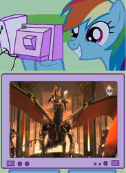 Size: 878x1200 | Tagged: safe, rainbow dash, pegasus, pony, g4, beast hunters, exploitable meme, female, hub logo, ign, mare, predaking, smiling, transformers, transformers prime, tv meme