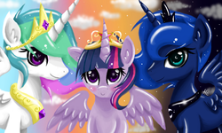 Size: 854x512 | Tagged: safe, artist:silvercommando, princess celestia, princess luna, twilight sparkle, alicorn, pony, g4, female, mare, twilight sparkle (alicorn)