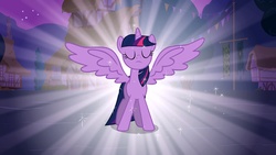 Size: 1920x1080 | Tagged: safe, screencap, twilight sparkle, alicorn, pony, g4, magical mystery cure, my little pony: friendship is magic, season 3, beautiful, cottage, eyes closed, female, flag, large wings, majestic, mare, night, pony history, solo, spread wings, twilight sparkle (alicorn), wings