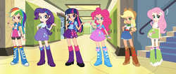 Size: 1280x545 | Tagged: safe, edit, applejack, fluttershy, pinkie pie, rainbow dash, rarity, twilight sparkle, human, equestria girls, g4, my little pony equestria girls, clothes, eqg promo pose set, human coloration, line-up, mane six, recolor, skirt, twoiloight spahkle