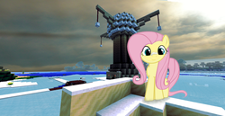 Size: 1366x706 | Tagged: safe, artist:vvres, fluttershy, g4, happy, minecraft, snow, tower