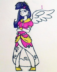 Size: 500x638 | Tagged: safe, twilight sparkle, human, equestria girls, g4, clothes, coronation dress, dress, equestria girls prototype, horn, horned humanization, humanized, solo, unamused, upset, winged humanization