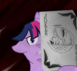 Size: 480x439 | Tagged: safe, artist:vvres, twilight sparkle, g4, angry, card, insanity, joker, playing card, twilight snapple