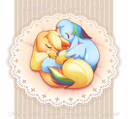 Size: 1200x1120 | Tagged: safe, artist:chinpui, applejack, rainbow dash, earth pony, pegasus, pony, g4, blushing, comfy, curly tail, cute, digital art, doily, eyes closed, facing each other, female, floppy ears, fluffy tail, freckles, hatless, hug, lace, lesbian, missing accessory, multicolored mane, pixiv, ship:appledash, shipping, sleeping, stripes, tail wrap, texture, touching, wings, wings down