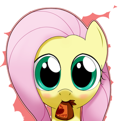 Size: 1080x1080 | Tagged: safe, artist:hoyeechun, fluttershy, pony, g4, bust, chocolate, female, mouth hold, portrait, solo, valentine