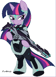 Size: 1740x2384 | Tagged: safe, artist:ambris, twilight sparkle, pony, unicorn, g4, armor, crossover, female, gif, gun, hooves, horn, mare, non-animated gif, planetside 2, rifle, signature, simple background, sniper, sniper rifle, solo, vanu sovereignty, weapon, white background