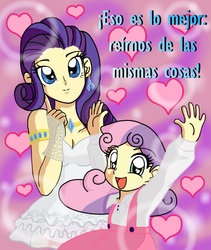 Size: 1430x1695 | Tagged: safe, artist:reina-del-caos, rarity, sweetie belle, human, g4, duo, humanized, spanish, valentine