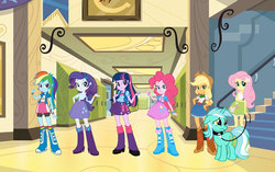 Size: 720x451 | Tagged: safe, edit, applejack, fluttershy, lyra heartstrings, pinkie pie, rainbow dash, rarity, twilight sparkle, human, pony, equestria girls, g4, collar, eqg promo pose set, equestria girls drama, humie, leash, line-up, pet, pony pet