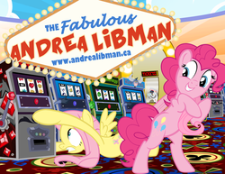 Size: 1000x773 | Tagged: safe, artist:pixelkitties, fluttershy, pinkie pie, g4, andrea libman, casino, gambling, request, slot machine, tail, tail pull, voice actor