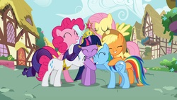 Size: 1920x1080 | Tagged: safe, screencap, applejack, fluttershy, pinkie pie, rainbow dash, rarity, twilight sparkle, g4, magical mystery cure, big crown thingy, element of generosity, element of magic, female, hug, ponyville