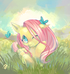 Size: 1500x1580 | Tagged: safe, artist:erinliona, fluttershy, butterfly, pegasus, pony, g4, colored pupils, female, grass, mare, one eye closed, prone, solo