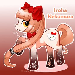 Size: 600x600 | Tagged: safe, artist:canarycharm, animal ears, aside glance, fake animal ears, flowing mane, gradient background, gradient legs, hello kitty, nekomimi, nekomura iroha, orange eyes, pink mane, pink tail, ponified, raised hoof, sanrio, smiling, standing, standing up, text, vocaloid