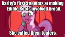 Size: 960x540 | Tagged: safe, cheerilee, rarity, g4, cheerilee pun, emergency edible boots, exploitable meme, image macro, meme, pun