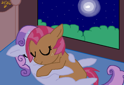 Size: 584x402 | Tagged: safe, artist:weaselbear, babs seed, sweetie belle, g4, cuddling, female, lesbian, ship:babsbelle, shipping, sleeping