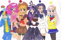 Size: 700x467 | Tagged: safe, applejack, fluttershy, pinkie pie, rainbow dash, rarity, twilight sparkle, human, g4, clothes, humanized, mane six, pixiv, skirt, traditional art