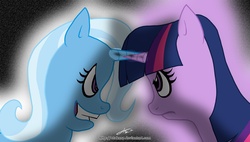 Size: 1280x728 | Tagged: safe, artist:otakon, trixie, twilight sparkle, g4