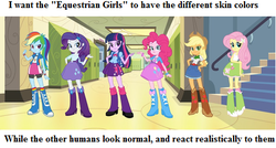 Size: 455x244 | Tagged: safe, applejack, fluttershy, pinkie pie, rainbow dash, rarity, twilight sparkle, human, equestria girls, g4, amazing technicolor population, are equestrian girls human?, clothes, colorful personality, eqg promo pose set, equestria girls prototype, line-up, mane six, pony coloring, skirt, tank top, twoiloight spahkle