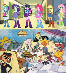 Size: 554x619 | Tagged: safe, applejack, fluttershy, pinkie pie, rainbow dash, rarity, twilight sparkle, cat, dog, human, equestria girls, g4, amazing technicolor population, are equestrian girls human?, bud dink, clothes, comparison, doug, doug funnie, eqg promo pose set, equestria girls prototype, humanized, judy funnie, line-up, mane six, patti mayonnaise, porkchop, roger klotz, skeeter valentine, skirt, stinky (doug), tippi dink