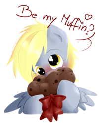 Size: 900x1116 | Tagged: safe, artist:secret-pony, derpy hooves, pegasus, pony, g4, blushing, dialogue, female, heart, mare, muffin, simple background, solo, transparent background, valentine