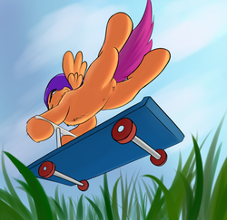 Size: 1666x1618 | Tagged: safe, artist:sokolas, scootaloo, pony, g4, chest fluff, featureless crotch, female, filly, fluffy, foal, from below, grass, narrowed eyes, scooter, solo