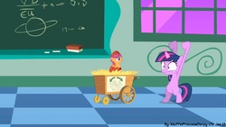Size: 1280x720 | Tagged: safe, artist:muffinprincessderpy, edit, edited screencap, screencap, scootaloo, twilight sparkle, g4, the cutie mark chronicles, bipedal, blank flank, chalkboard, classroom, egg, female, filly, filly twilight sparkle, hatching, hatchling, scootachicken, wagon, younger