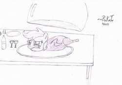 Size: 1024x718 | Tagged: safe, artist:pakuto, scootaloo, pony, g4, bottle, christmas, crying, female, monochrome, scootabuse, scootachicken, solo, table