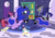 Size: 1024x724 | Tagged: safe, artist:viraljp, princess celestia, princess luna, twilight sparkle, bat pony, pony, g4, bedroom, doll, magic, mare in the moon, moon, night guard, open mouth, plushie, prone, quill, scroll, smiling, telekinesis