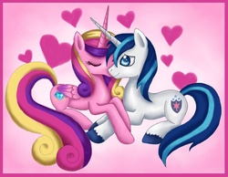 Size: 1096x850 | Tagged: safe, artist:mel-rosey, princess cadance, shining armor, alicorn, pony, unicorn, g4, eyes closed, female, heart, love, male, mare, ship:shiningcadance, shipping, stallion, straight