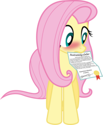 Size: 6000x7267 | Tagged: dead source, safe, artist:vladimirmacholzraum, fluttershy, pegasus, pony, g4, absurd resolution, blushing, female, mare, mouth hold, restraining order, simple background, solo, transparent background, vector