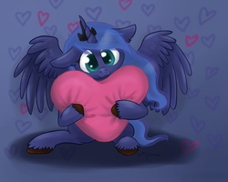 Size: 1000x800 | Tagged: safe, artist:eljonek, princess luna, pony, g4, cute, digital art, female, heart, heart pillow, hug, lunabetes, pillow, pillow hug, sitting, solo