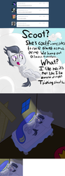 Size: 1100x2962 | Tagged: safe, artist:cosmonaut, rumble, lets ask rumble, g4, ask, cloud, colt, comic, comic strip, female, foal, gravity falls, male, ship:rumbloo, shipping, straight, the inconveniencing, tumblr, window