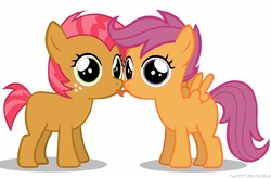 Size: 1029x675 | Tagged: safe, artist:mixermike622, babs seed, scootaloo, earth pony, pegasus, pony, g4, female, filly, foal, lesbian, licking, poni licking poni, ship:babscoot, shipping, simple background, tongue out, tongue to tongue, white background