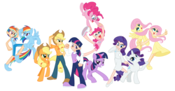 Size: 6633x3449 | Tagged: safe, artist:trinityinyang, applejack, fluttershy, pinkie pie, rainbow dash, rarity, twilight sparkle, earth pony, human, pegasus, pony, unicorn, g4, clothes, converse, dress, female, hat, human ponidox, humanized, looking at each other, looking at you, mane six, open mouth, simple background, skirt, smiling, transparent background