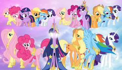 Size: 1011x587 | Tagged: safe, artist:emmathefelof, applejack, fluttershy, pinkie pie, rainbow dash, rarity, twilight sparkle, g4, older, wallpaper