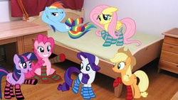 Size: 1920x1080 | Tagged: safe, artist:mr-kennedy92, applejack, fluttershy, pinkie pie, rainbow dash, rarity, twilight sparkle, g4, bed, clothes, irl, photo, ponies in real life, rainbow socks, socks, striped socks