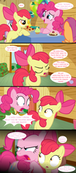 Size: 1280x2913 | Tagged: safe, artist:jan, apple bloom, pinkie pie, scootaloo, sweetie belle, earth pony, pegasus, pony, unicorn, ask the crusaders, g4, cupcake, cutie mark crusaders, dialogue, eye contact, female, filly, foal, food, horn, lies, looking at each other, looking at someone, mare, open mouth, open smile, pie, smiling, speech bubble, tumblr