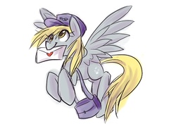 Size: 700x500 | Tagged: safe, derpy hooves, pegasus, pony, g4, female, hat, letter, mail, mailpony, mare, saddle bag, solo